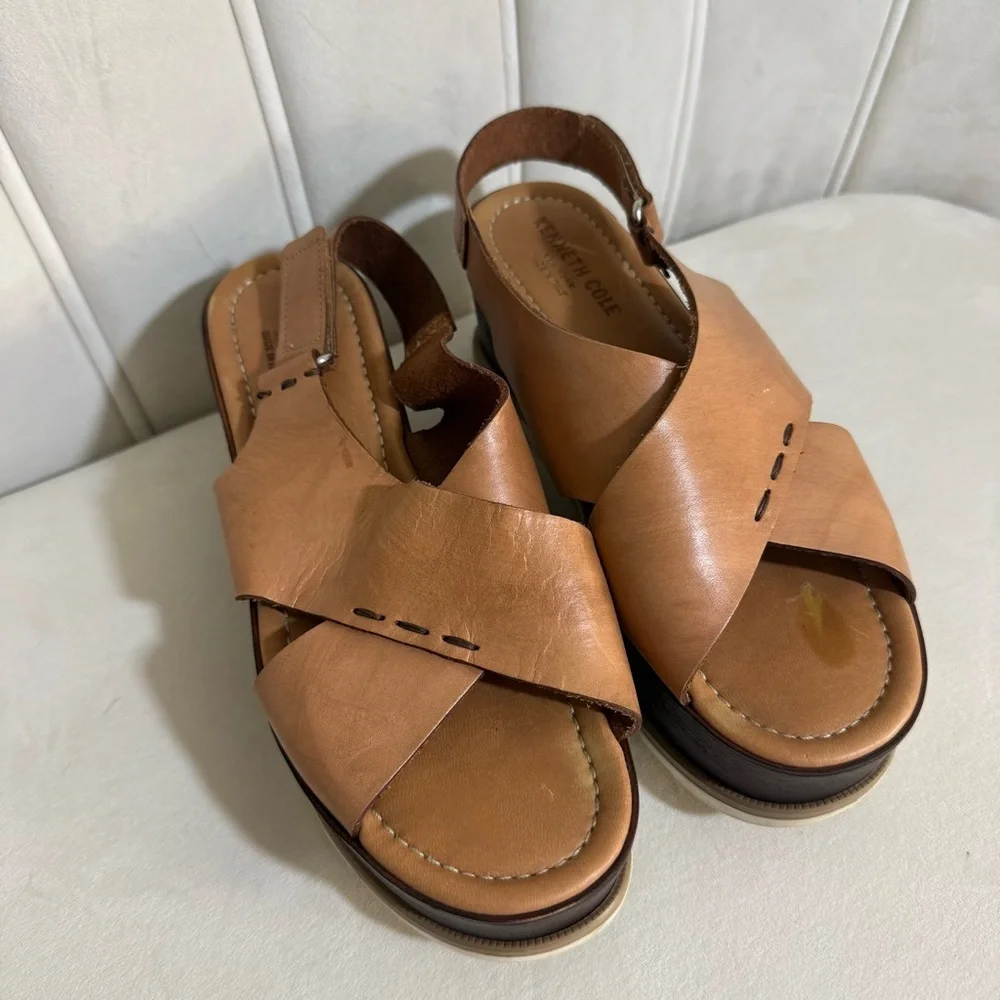 Kenneth Kole New York Brown Leather Platform Sandals Size EUR 39